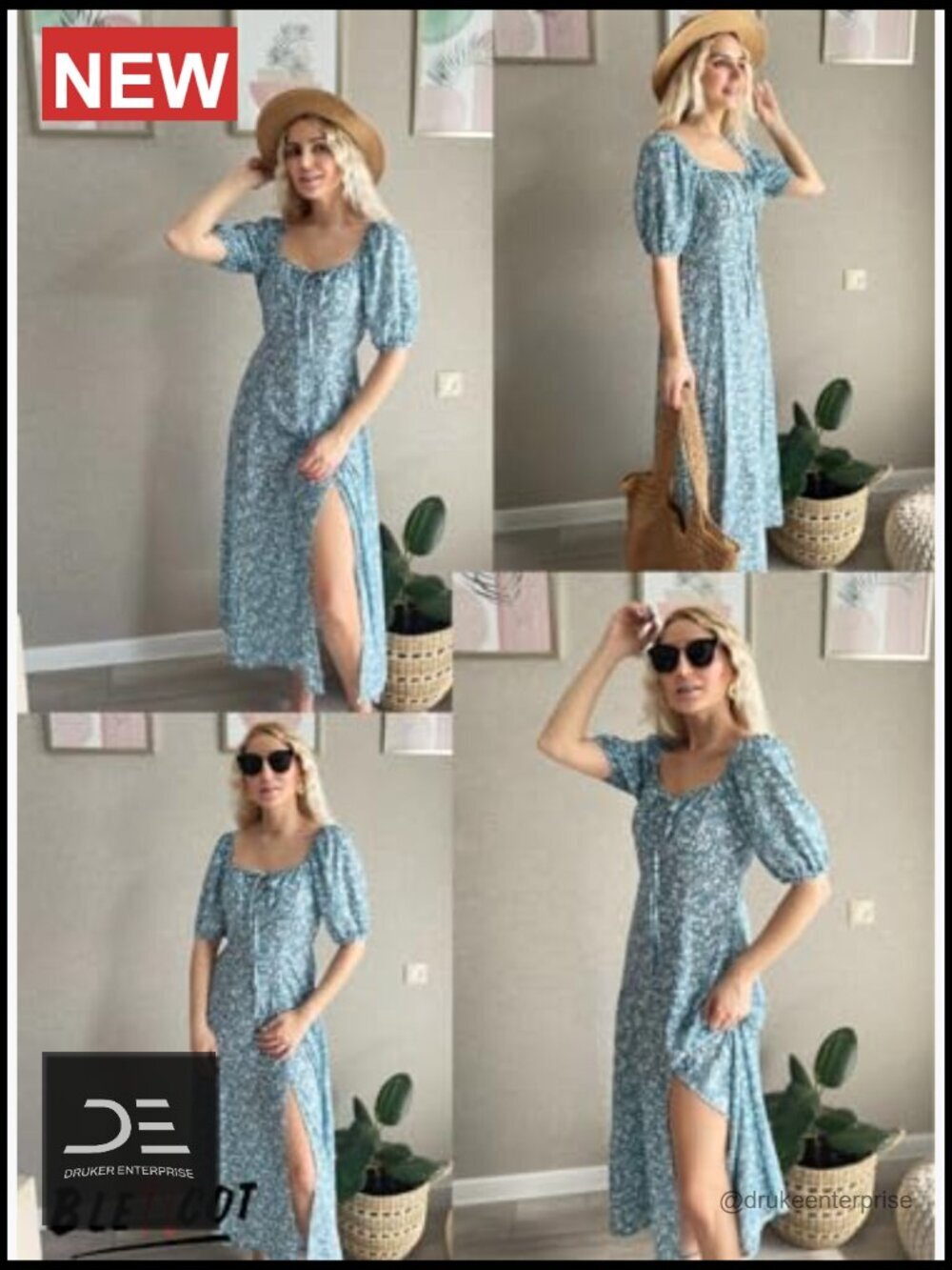 Square Neck Puff Short Sleeve High Waist Midi Dress with Side Slit - Picture 6 of 7